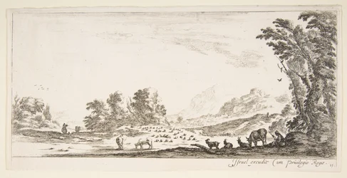 Plaat 11: herderin zittend naar rechts onder een boom, kijkend naar haar kudde naar links, ca. 1641