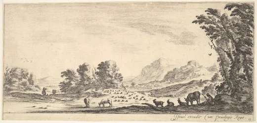 Plaat 11: herderin zittend rechts onder een boom, kijkend naar haar kudde links, ca. 1641
