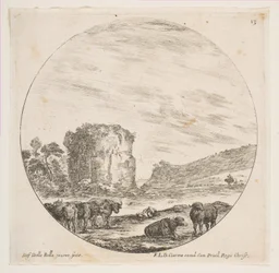 Plaat 13: ruïnes van een tempel in een Romeins landschap, uit Romeinse landschappen en ruïnes, ca. 1646