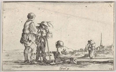 Twee boeren staand naar links, een kreupele knielend op de grond in het midden