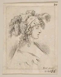 Blad 15: borstbeeld van een jonge vrouw in profiel met een hoed met veren, ca. 1649