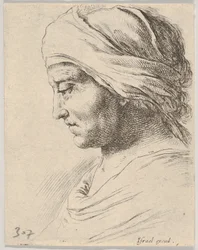 Hoofd van een oude man in profiel met een doek om zijn hoofd gebonden, uit De B...