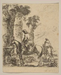 Landschap met een ruiter die zijn paard bij een fontein water geeft, uit Various fi..., ca. 1646