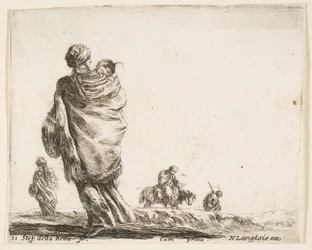 Plaat 21: een arme vrouw links, gezien van achteren, die haar kind in een sjaal wikkelt, ca. 1644-47
