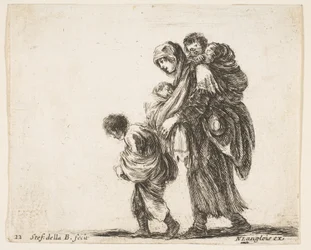 Plaat 22: een bedelares met drie kinderen, een kind op haar schouders, ca. 1644-47