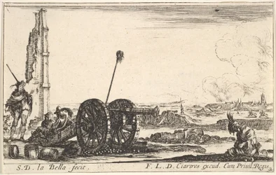 Blad 2: Een kanon naar links, een stad op de achtergrond, uit Diverse Militaire Capric..., ca. 1641