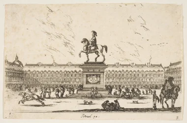 Plaat 3: La Place Royale, ruiterstandbeeld van Lodewijk XIII in profiel naar links in ce..., 1642