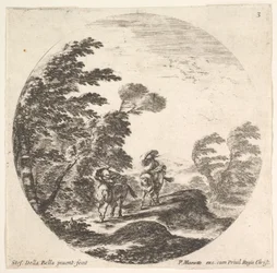 Plaat 3: een storm in het bos, twee ruiters gewikkeld in hun mantels, de wind waait, ca. 1643-48
