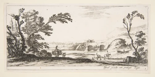 Plaat 3: twee ruiters steken een rivier over naar rechts, een vrouw met twee manden bovenop een ezel..., ca. 1641