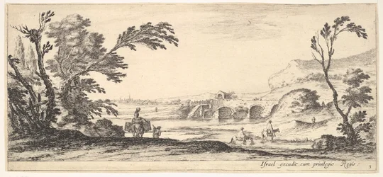 Plaat 3: twee ruiters steken een rivier over naar rechts, een vrouw met twee manden op een ezel, ca. 1641