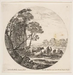 Corinthisch kapiteel op de grond links, een monument met figuren in reliëf, ca. 1646