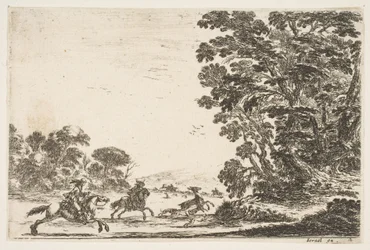 Plaat 4: een hertenjacht, twee ruiters galopperen naar links achter drie honden en een hert, 1642