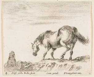 Plaat 4: een paard in profiel naar links, op het punt om van een heuvel af te dalen, een paard..., ca. 1644-47