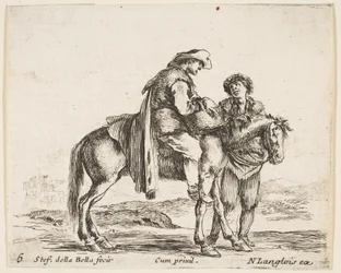 Plaat 6: een boer te paard in profiel naar rechts, met een mand