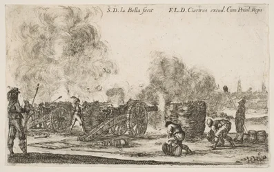 Batterij van kanonnen die op een stad vuren, uit Various Military Caprices Varii