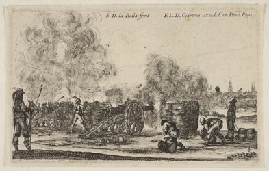 Plaat 6: batterij kanonnen die op een stad vuren, uit Diverse militaire caprices Varii, ca. 1641