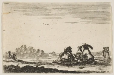 Plaat 7: Twee edellieden zittend in het midden, gezien van achteren, in gesprek met een edelvrouw, 1642