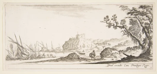 Blad 7: verschillende boten aan de kust links, een man die een tas draagt, gezien van achteren, ca. 1641
