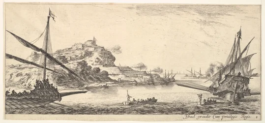 Plaat 8: Aan de boeg van een galei links en een andere galei rechts, gezien van achteren..., ca. 1641