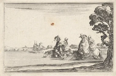 Plaat 8: twee ruiters met hoeden rechts, elk met een vrouw achter hen zittend, rijdend, ca. 1642