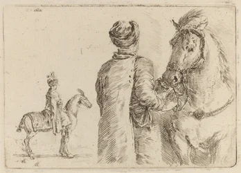 Poolse bediende die het hoofdstel van een paard vasthoudt