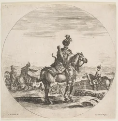Poolse ruiter met boog en pijl, gezien van achteren met zijn paard naar rechts, ca. 1651