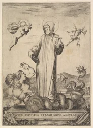 Sint Jean Gualbert vertrapt een monster met twee menselijke hoofden en een slangachtig lichaam, een vliegende..., 1640
