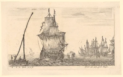 Zeegezicht met een groot schip en een vuurtoren op de voorgrond
