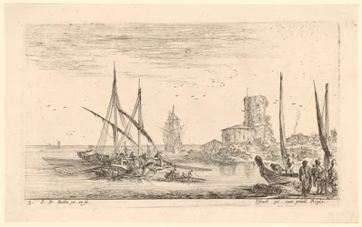 Zeegezicht met meerdere schepen en een oude toren op het strand