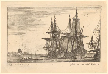 Zeegezicht met twee schepen die de zeilen hijsen