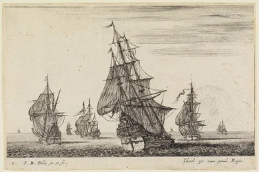 Zeegezichten (Paysages maritimes): een schip dat de zeilen hijst op de voorgrond, andere schepen op de achtergrond