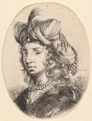 Verschillende hoofden in Perzische stijl: Portret, Sultana met een parelketting en een tulband..., 1649