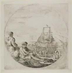 Scheepswerf met twee matrozen
