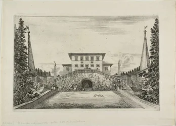 Zuidgevel van de villa en de grote weide, uit Zichten van de Villa Pratolino
