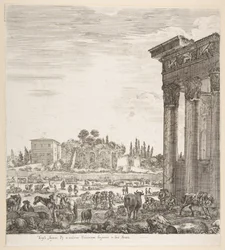 De zuilen van de Tempel van Antoninus rechts, een deel van het Campo Vaccino in het midden, 1656