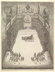 Theater in Modena, gezien van boven en gevuld met toeschouwers, met een triomfwagen in het midden