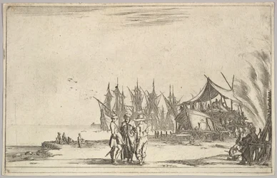 Drie mannen met hoeden in het midden, mannen die een schip repareren rechts, vijf schepen en verschillende