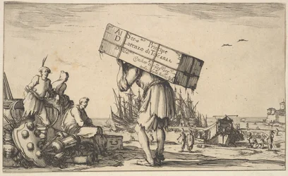 Titelpagina: een man met een koffer op zijn rug in het midden, drie mannen kijken naar hem..., 1639