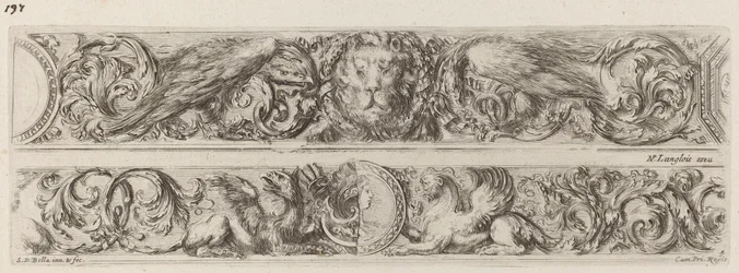 Twee decoratieve banden met hoofd van een leeuw en vrouw, waarschijnlijk 1648