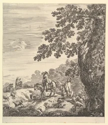 Twee ruiters passeren een kudde, rijdend naar links, een boerin en een jonge jongen, circa 1656