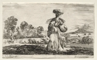 Verschillende figuren en landschappen: Boerin met een mand op haar hoofd, 1649