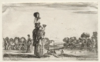 Verschillende figuren en landschappen: Vrouwen kijken naar baders langs een rivier