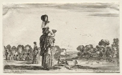 Verschillende figuren en landschappen: Vrouwen kijken naar baders langs een rivier