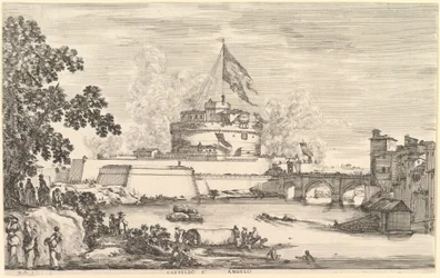 Uitzicht op de Tiber rivier, een grote boom links, twee groepen vrouwen links op de voorgrond
