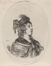 Vrouw in een gevederde tulband, naar rechts gedraaid, 1649-1650