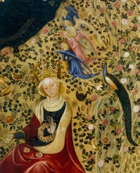 De heilige Catharina van Alexandrië, omringd door engelen en een pauw, detail van de Madonna del Roseto