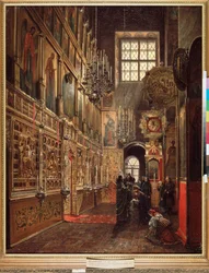 Een kerkdienst in de Kathedraal van de Aankondiging in het Kremlin van Moskou