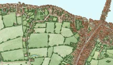 Bankside en Southwark, Londen, circa 1600-25, 2021 (inkt en aquarel, digitaal)