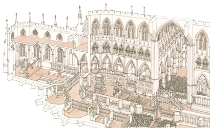 De kooromgang van Westminster Abbey ten tijde van de kroning van koning Hendrik IV in 1399, 2023 (inkt en aquarel)