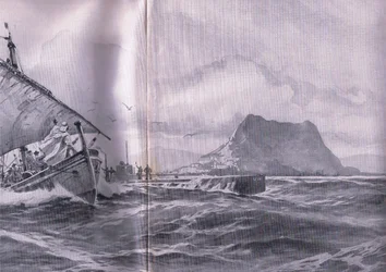 Duitse onderzeeër die door de Straat van Gibraltar reist op weg naar de Dardanellen, uit De Geïllustreerde Geschiedenis van de Wereldoorlog 1914-1915 uitgegeven door Union Berlagsefellfchaft